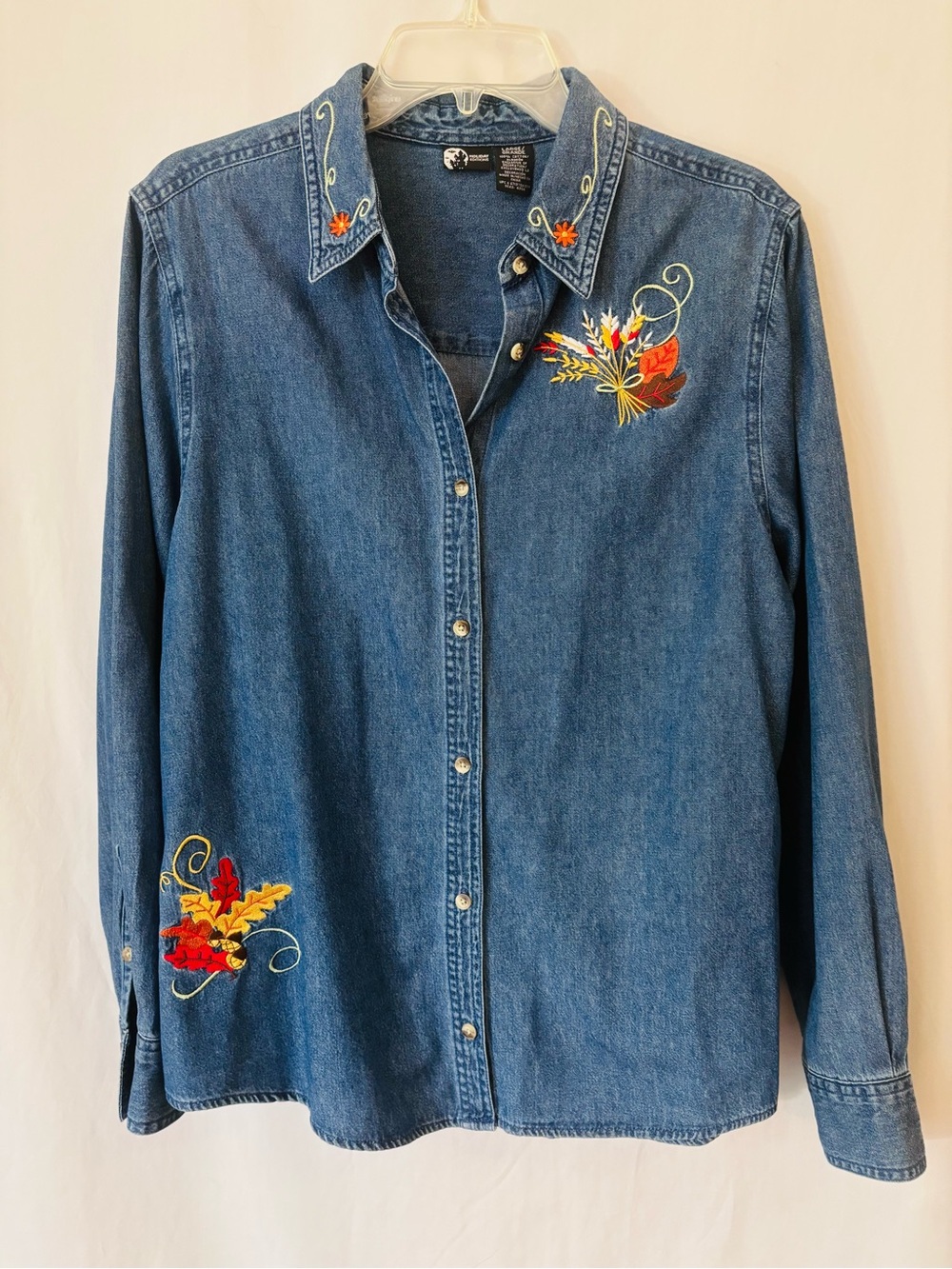 Holiday Editions Embroidered Denim Shirt Autumn Leaves